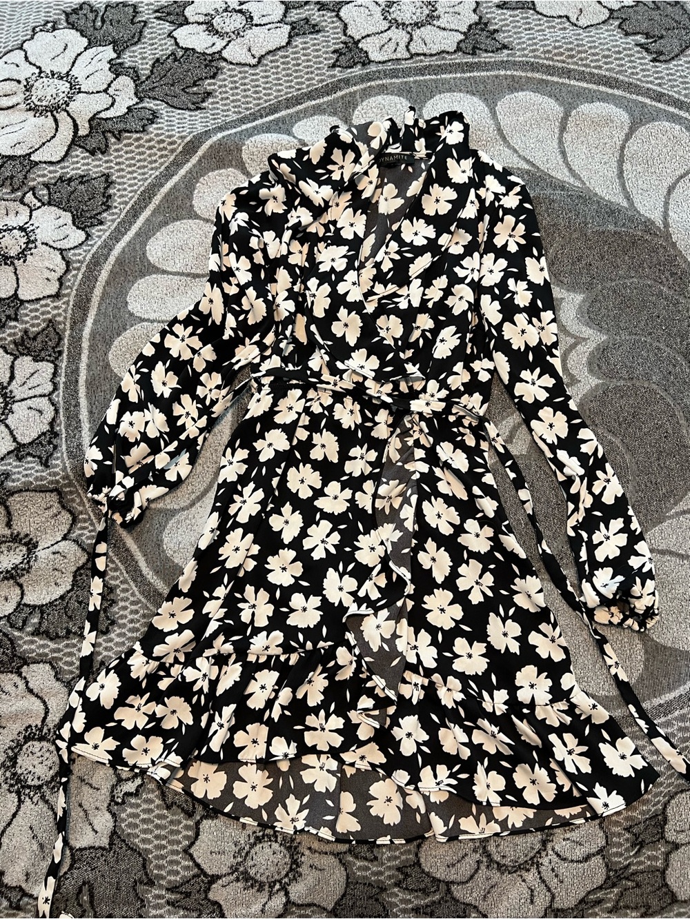 Dynamite Black Wrap Dress with White Floral Print